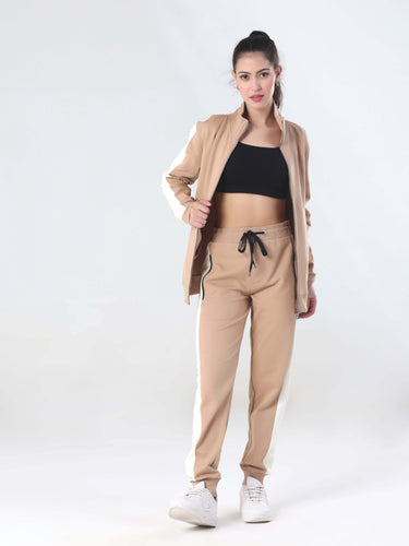 Women wearing Turms Intelligent Cord Set featuring anti-stain waterproof joggers and jacket in a stylish beige color.