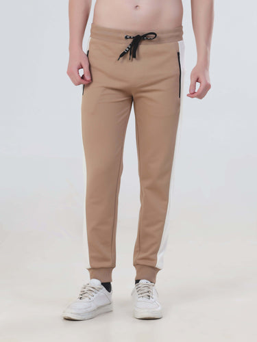 Men's water resistant joggers in light brown with black drawstring for comfort, ideal for active wear and stylish outfits.