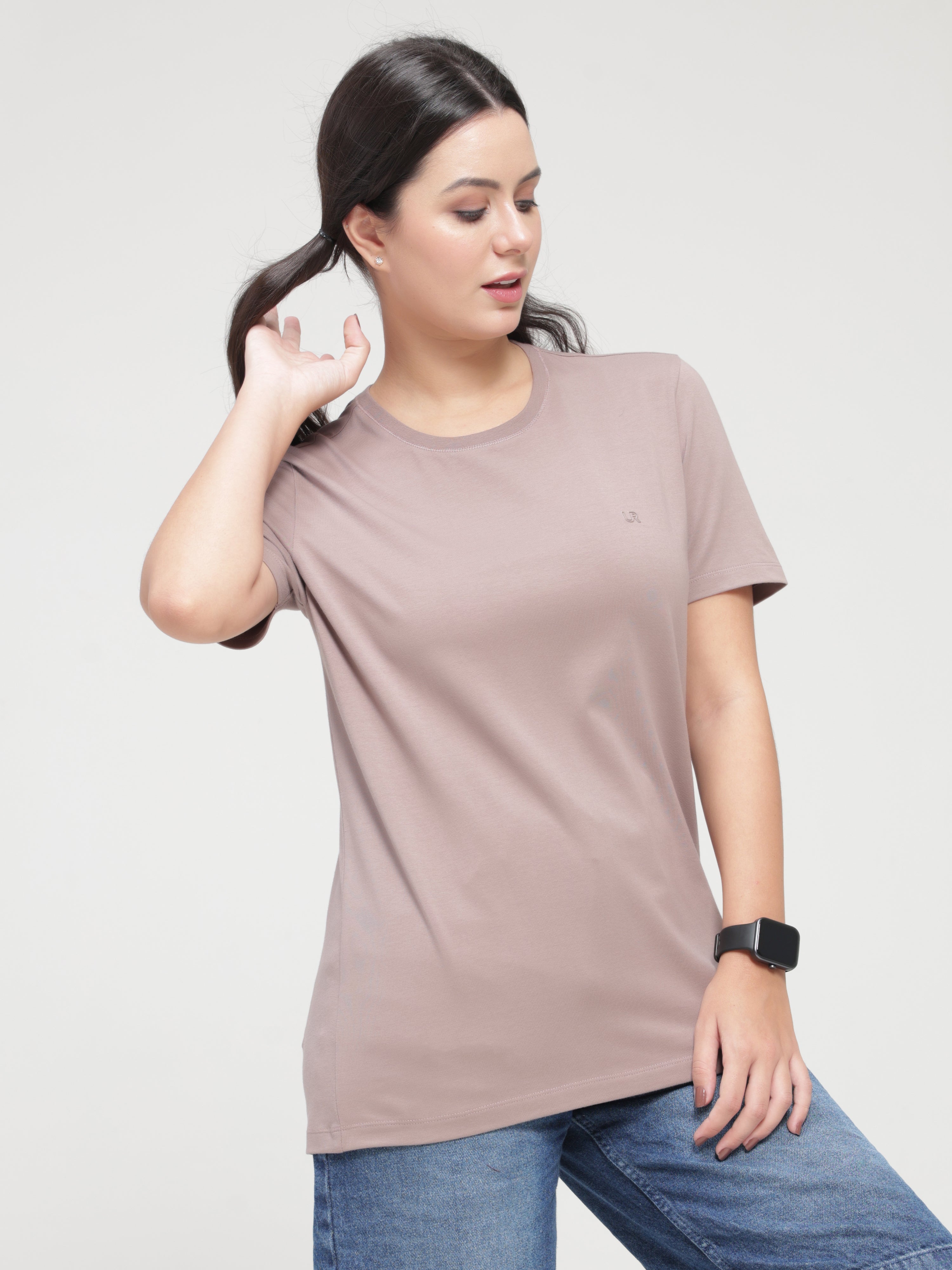 Woman wearing Dusky Maroon Turms T-shirt - anti stain, anti odour, stretchable intelligent apparel - best trending round-neck tee