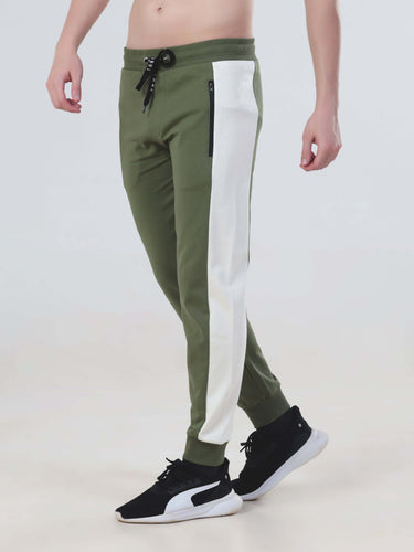 Men's water-resistant joggers in olive green with white side panels, perfect for a stylish and functional co ord set.