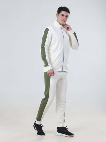 Desert Snow co ord set men and women, featuring a stylish white and olive green jacket and joggers, perfect for everyday wear.
