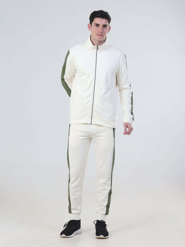 Desert Snow Turms Intelligent Co-ord Set in white with olive green stripes, stylish and water-resistant for men and women.