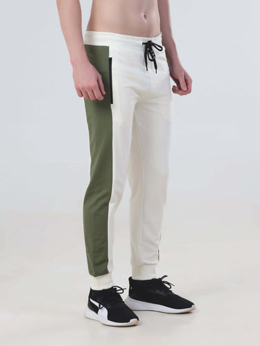 Men's water-resistant joggers in white and green, part of Turms Intelligent Co-ord Set. Stylish and anti-odour apparel.