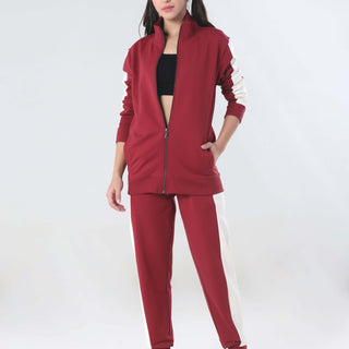 Ruby Hunter women coord set in red with white accents, featuring turms anti-stain, waterproof, and anti-odour properties.