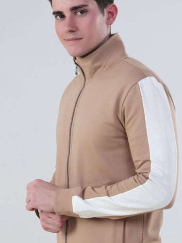 Men's turms intelligent co ord set in tan with white sporty stripes, water-resistant and anti-odour for stylish comfort.