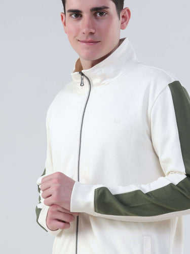 Men's stylish water-resistant co-ord set with white and olive green jacket, perfect for everyday comfort and fashion.