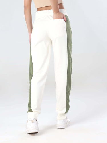 Stylish women's joggers in cream and olive green, made from anti-stain, waterproof, and anti-odour fabric.