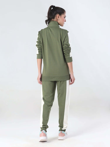 Women's Turms Intelligent coord set featuring a stylish jacket and joggers in olive green with a vintage sporty touch.