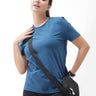 Woman wearing Sea Blue anti-stain and anti-odour Turms T-shirt, tailored fit, with stretchable fabric and crew neckline. Trending intelligent apparel.