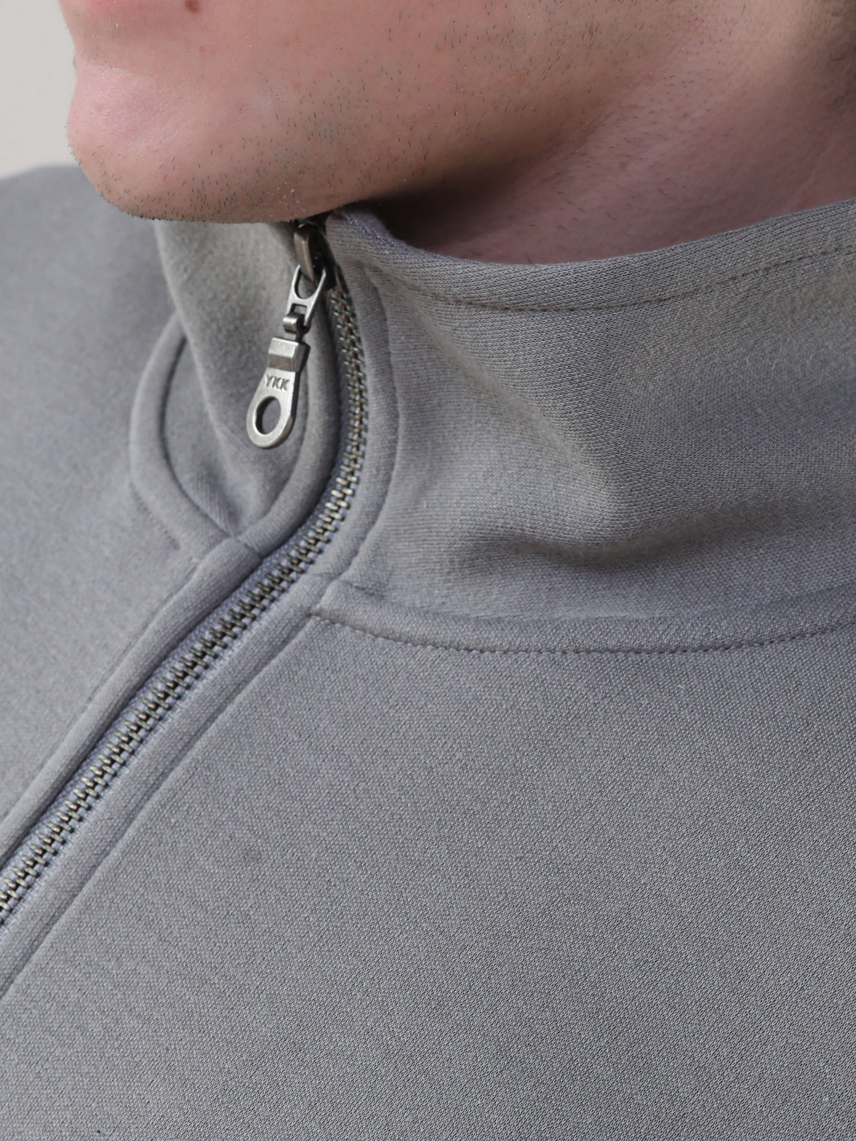 Close-up of the Turms Intelligent Traveller Jacket featuring a YKK zipper and soft fabric.