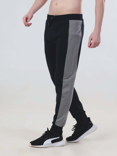 Stylish water-resistant joggers for men, featuring a sleek black and grey design, ideal for activewear and comfort.