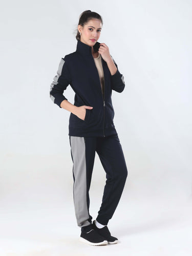 Woman modeling Blue Thunder Turms Intelligent Cord Set, featuring anti-stain, waterproof, and anti-odor joggers.