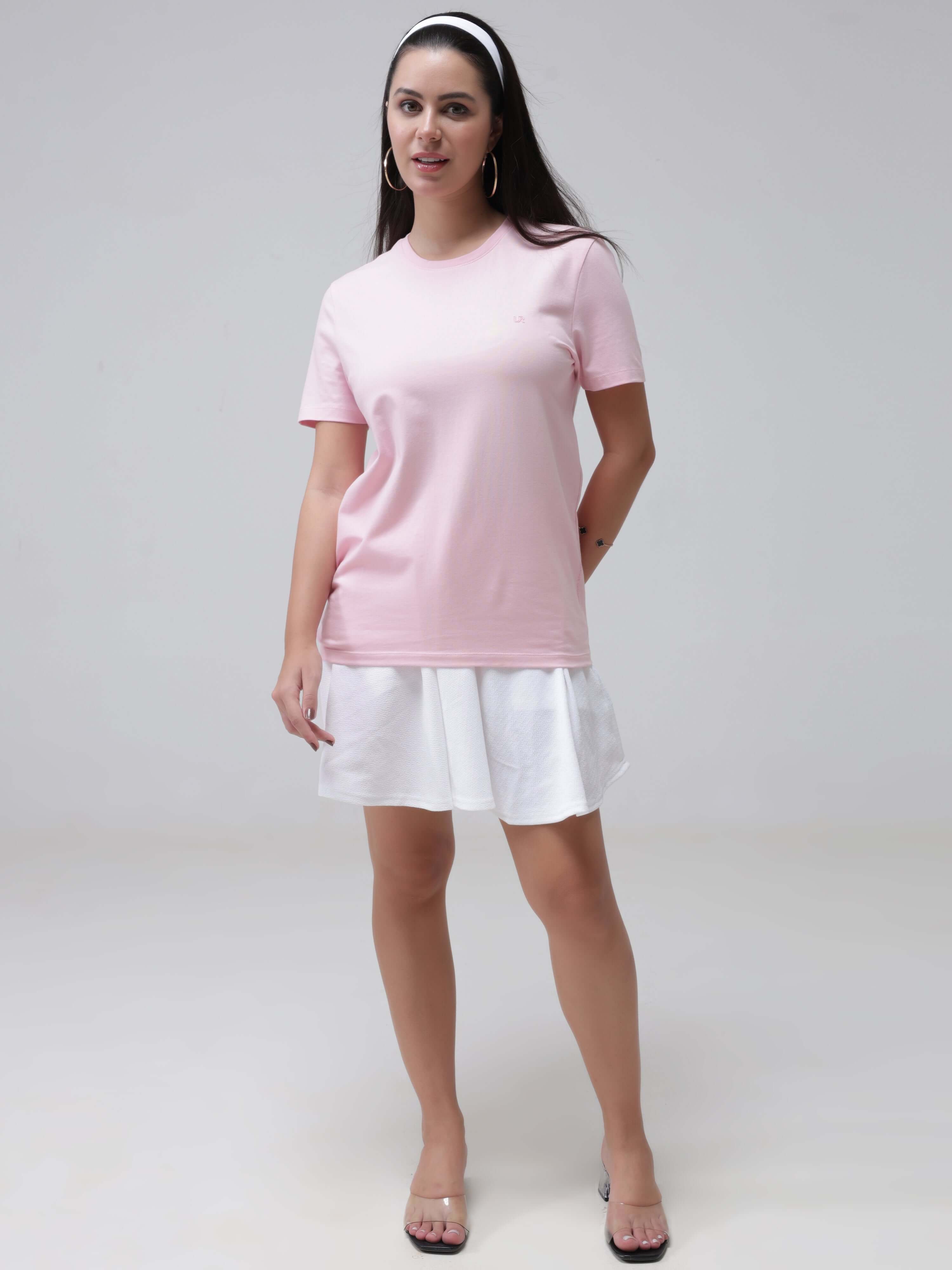 Woman wearing Mystic Orchid Turms T-shirt, anti-stain, anti-odour, stretchable, tailored fit, round-neck, premium cotton, trending intelligent apparel.