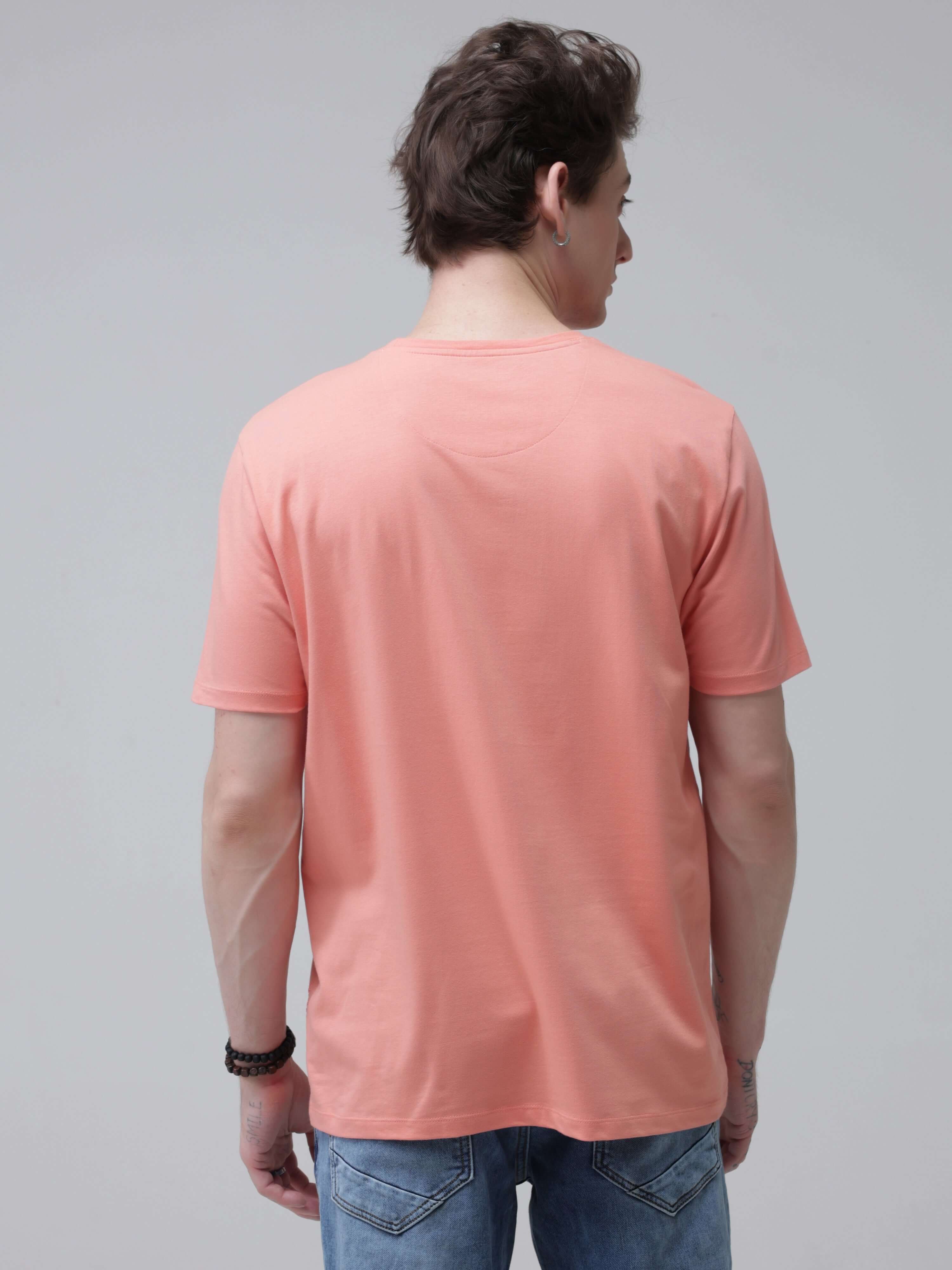 Man wearing Sunset Spice Turms T-shirt, anti-stain, anti-odour, stretchable, intelligent apparel, tailored fit, back view