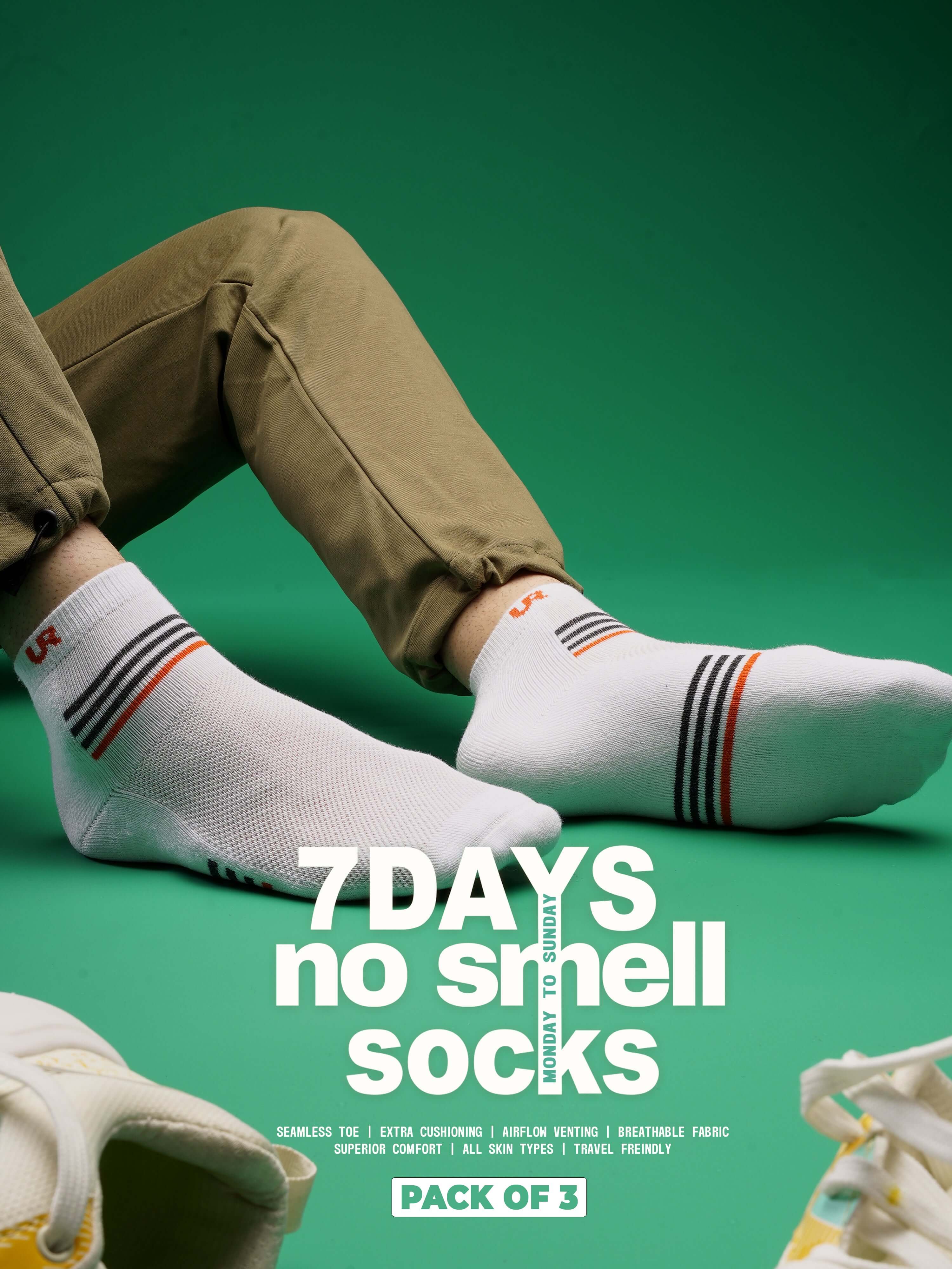 URturms Travel Fresh Infinity - 7 Days No Smell Socks (Pack of 3) Discover Turms 7-Day No Smell Anti-Odor Socks for everyday travel. Enjoy premium freshness, cooling, and moisture-wicking with our nanotech marvel. Pack of 3. Rs. 1499.00