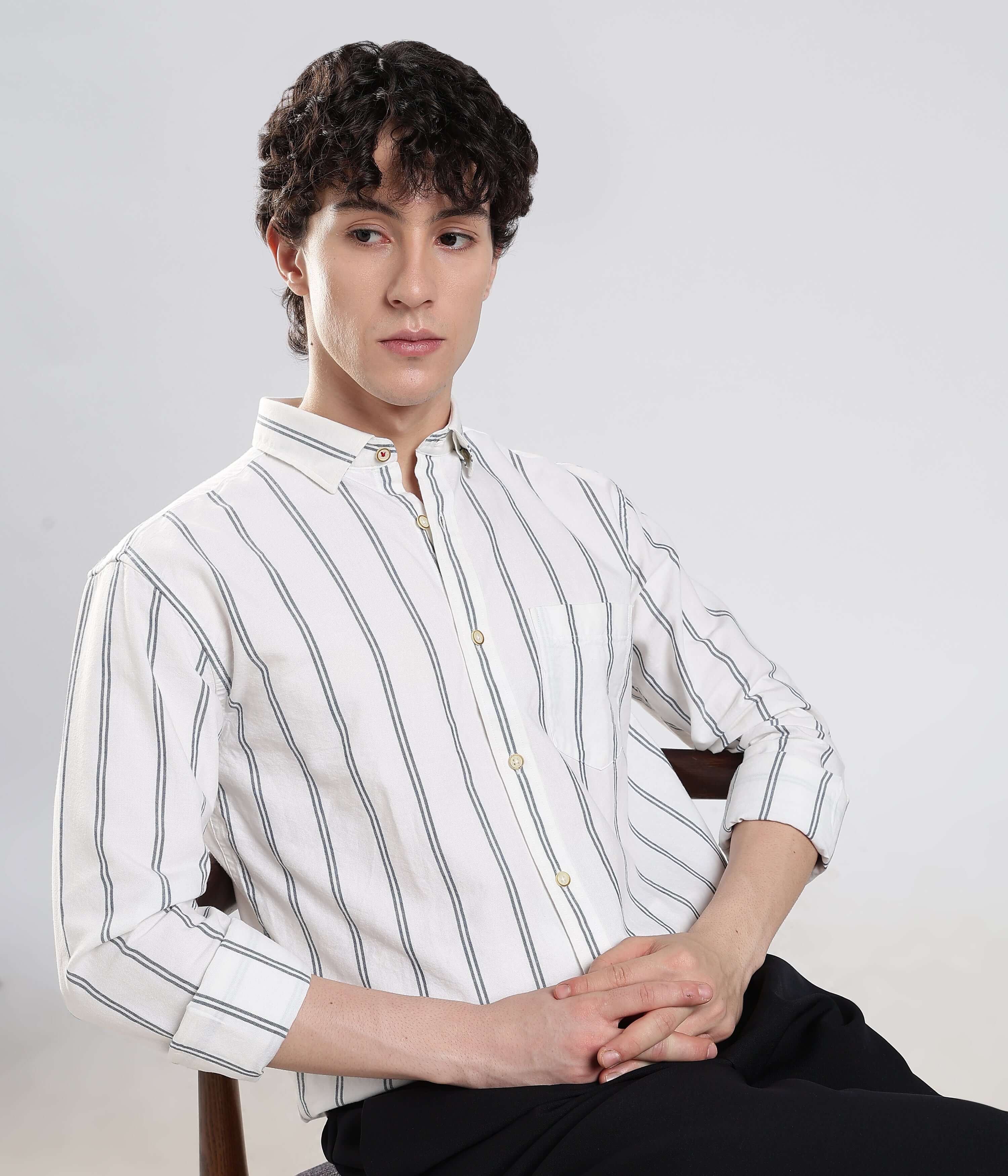 Mens Casual Striped Shirt White Luxury Oxford