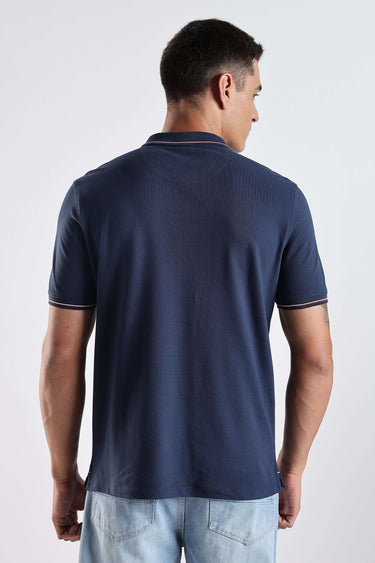 Orion Blue cotton polo tshirt, premium quality with stylish design, showcasing the back view on a male model.