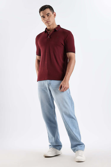 Model showcasing the Country Wine cotton polo t-shirt, offering premium comfort and style in a casual look.