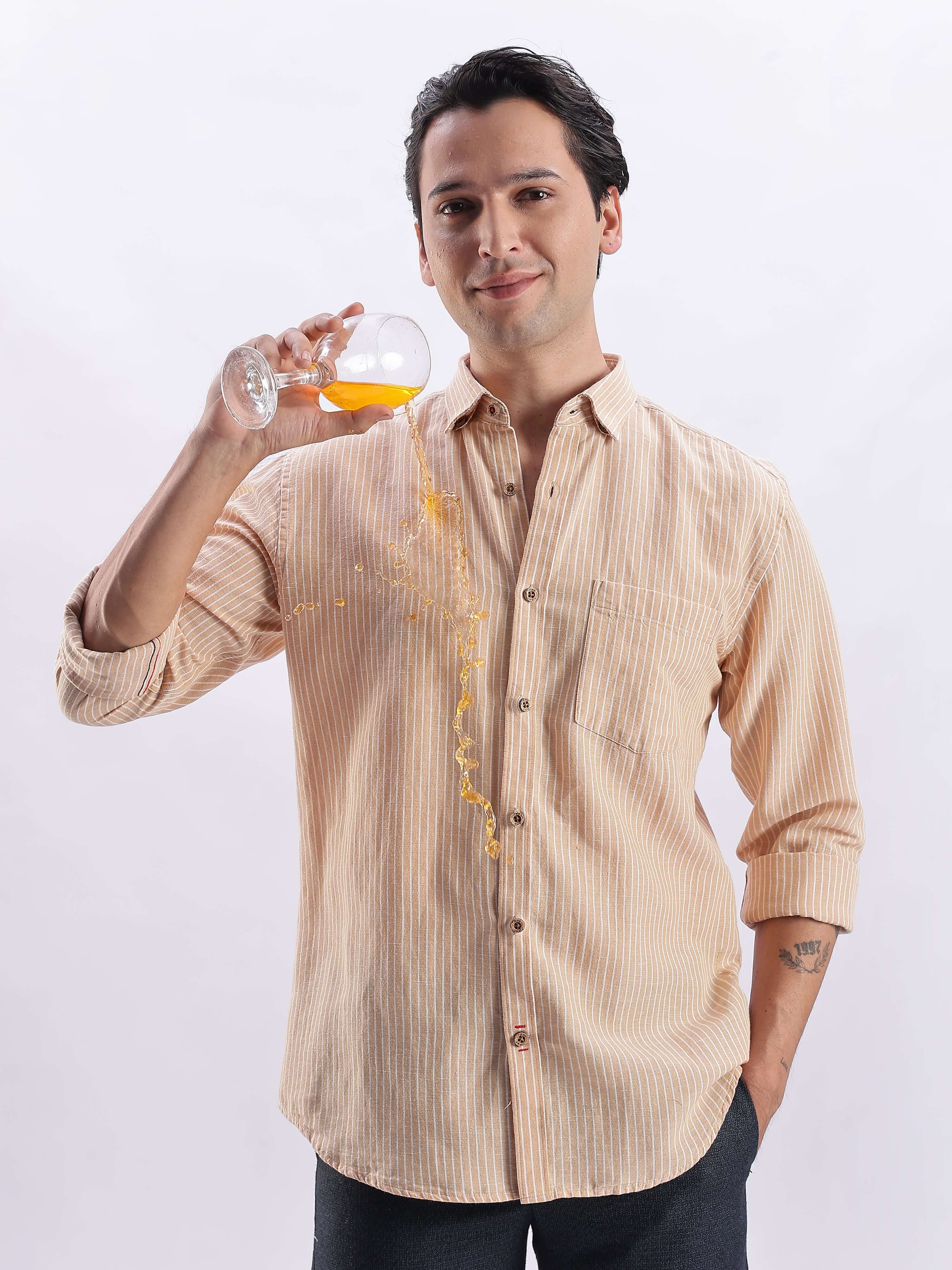 Model wearing Iced Mokha premium linen shirt from turms intelligent apparel with water repellent and anti stain features.