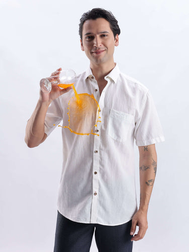 Snow Fox premium linen shirt from turms intelligent apparel showcasing anti-stain and water repellent features.