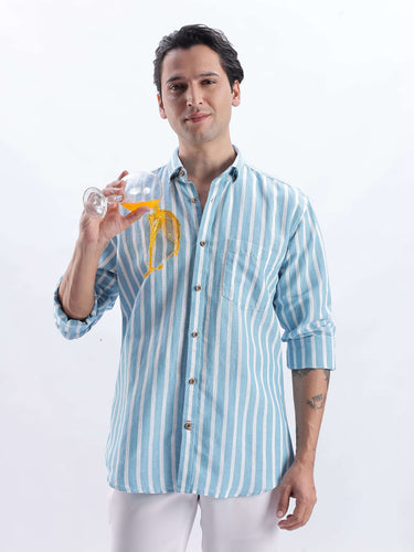 Cerulean Monk shirt in striped design, showcasing premium linen fabric and anti-stain features for everyday luxury.