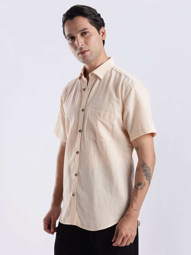 Opalescent Sand linen shirt from turms intelligent apparel with a pocket, anti stain, waterproof, and breathable.