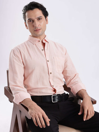 Peach Fuzz premium linen shirt from turms intelligent apparel, breathable and stylish, perfect for everyday luxury.