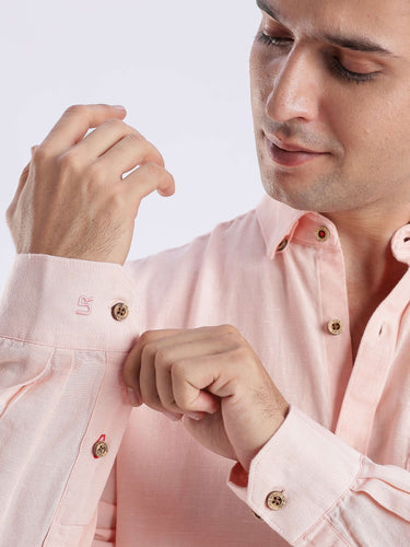 Peach Fuzz showcasing the Turms Intelligent Linen Luxe Shirt in premium peach color with stylish details.