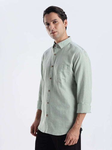 Canary Green premium linen shirt from Turms Intelligent Apparel, featuring anti-stain, anti-odour, and water-repellent qualities.