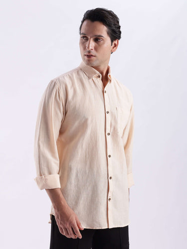 Sandy Sunset premium linen shirt from turms intelligent apparel showcasing breathable, anti odour, water repellent features.