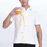 Man wearing White Owl cotton polo tshirt, showcasing premium water proof, anti-stain features while spilling juice.