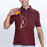 Man wearing a Country Wine cotton polo tshirt, demonstrating its waterproof and antistain properties while pouring a drink.