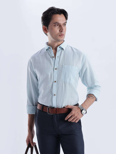 Model showcasing the Moon Mist premium linen shirt from Turms Intelligent Apparel.