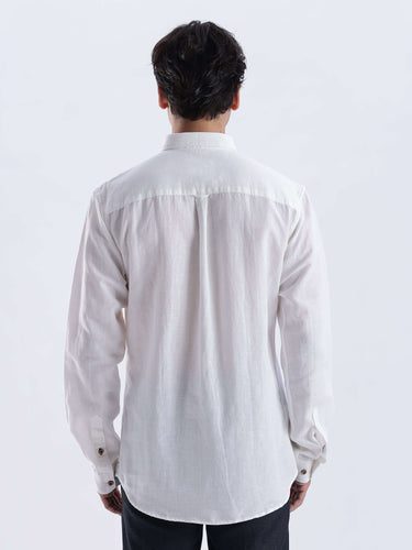 Back view of the White Elephant premium linen shirt by Turms Intelligent Apparel in elegant white.
