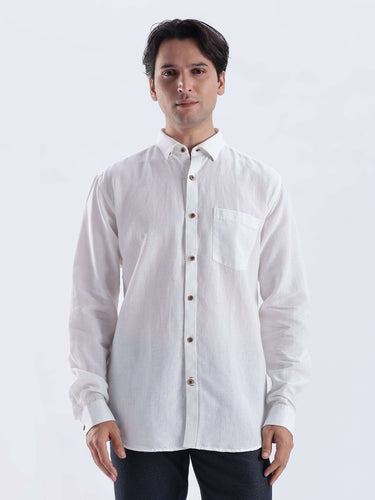 White Elephant premium linen shirt from Turms Intelligent Apparel featuring a sleek design and durable fabric.