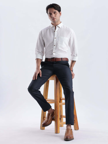 White Elephant premium linen shirt from turms intelligent apparel worn by a model, showcasing style and comfort.