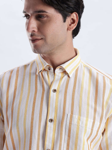 Lemon Meringue premium linen shirt from turms intelligent apparel with yellow stripes and button-down collar.