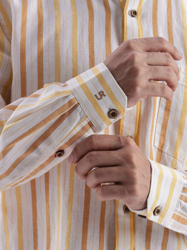 Lemon Meringue premium linen shirt from turms intelligent apparel with striped design and button cuffs.