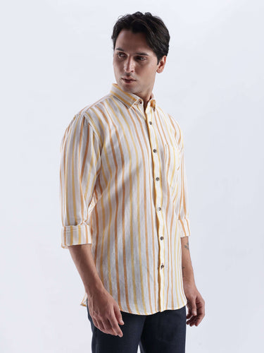 Lemon Meringue premium linen shirt from Turms Intelligent Apparel with yellow stripes.