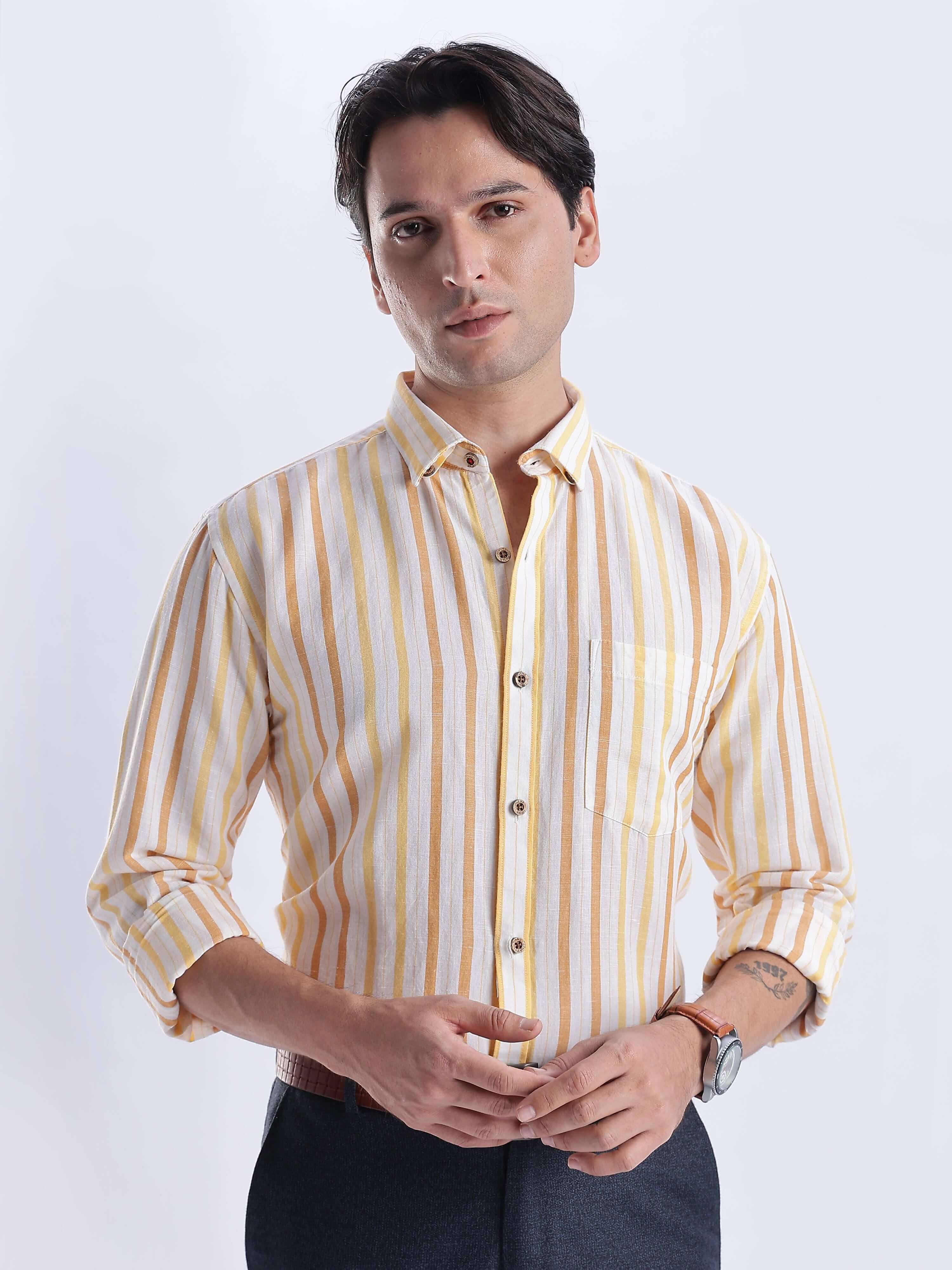 Lemon Meringue premium linen shirt from turms intelligent apparel with stripes in yellow and white.