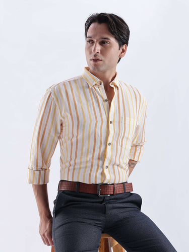 Lemon Meringue premium linen shirt from turms intelligent apparel with yellow stripes.