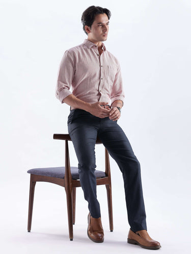 Model wearing the Scarlet Knight premium linen shirt from Turms Intelligent Apparel, showcasing stylish comfort.