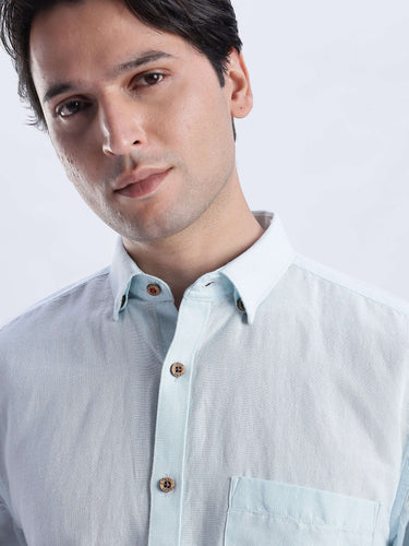 Blue Surf linen shirt from Turms Intelligent Apparel showcasing style, anti-stain, waterproof, and breathable features.