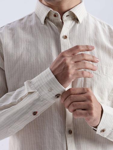 Dune Drift premium linen shirt from turms intelligent apparel showcasing breathable fabric and elegant striped design.
