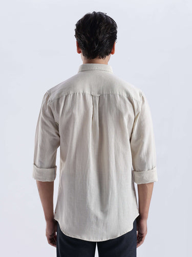 Dune Drift premium linen shirt from turms intelligent apparel showcasing the back view of a stylish, breathable design.