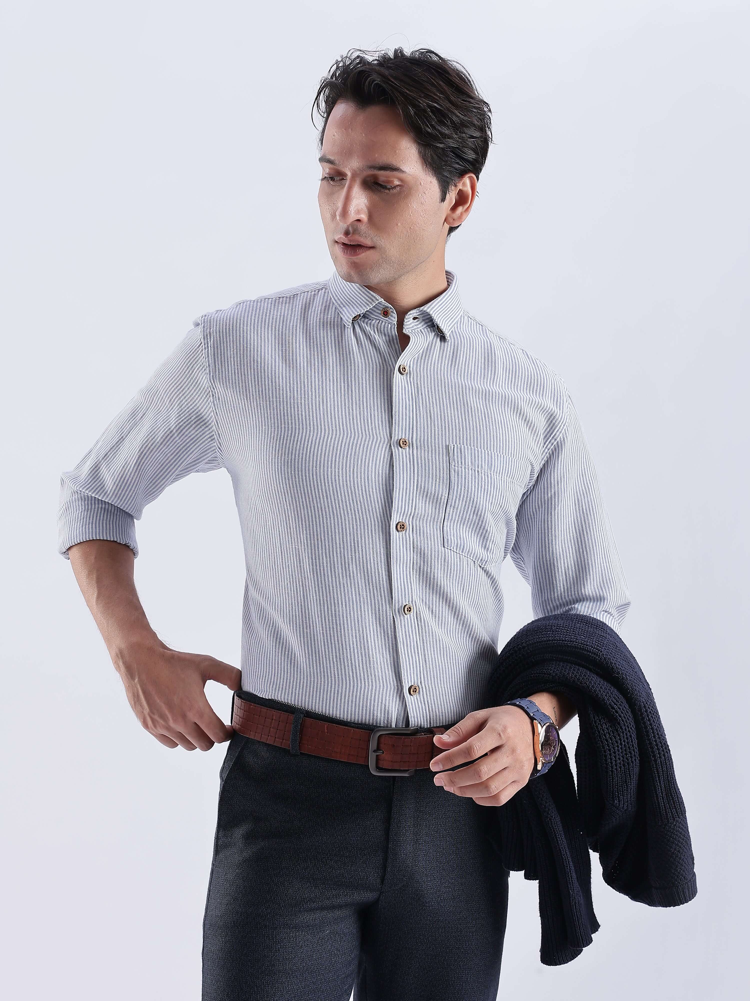 Skyline Blue premium linen shirt from Turms Intelligent Apparel, stylish and functional everyday luxury.