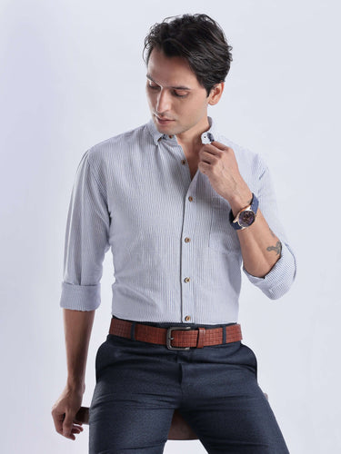 Skyline Blue premium linen shirt from turms intelligent apparel, showcasing style and functionality in everyday luxury.