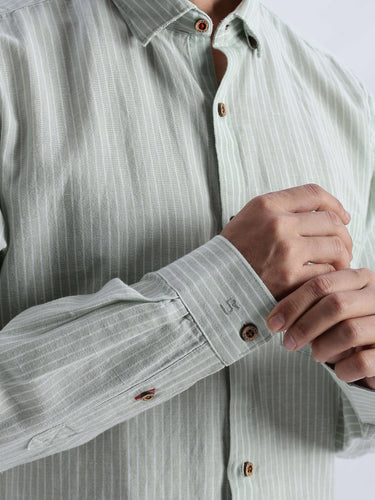 Pistachio Green premium linen shirt from Turms Intelligent Apparel with stylish stripes and button details.