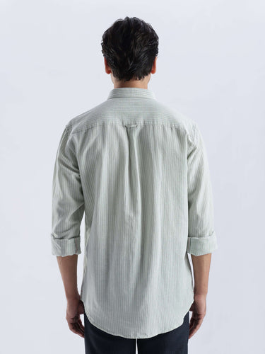 Back view of a Pistachio Green premium linen shirt from Turms Intelligent Apparel with a stylish design.