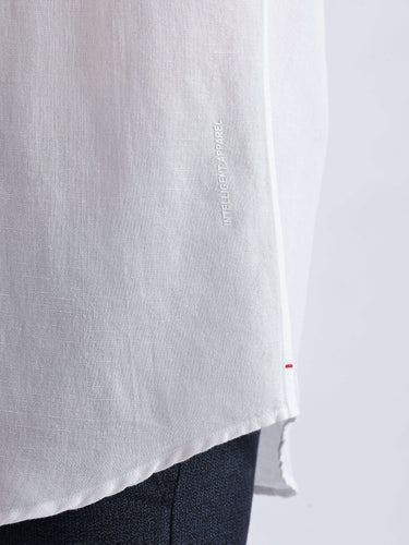 Close-up of the premium White Wolf 2.0 linen shirt showcasing durable stitching and sleek design.